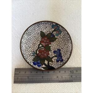 Small Multicolor Flower Chinese Enamel Cloisonné Trinket Dish Plate Vintage